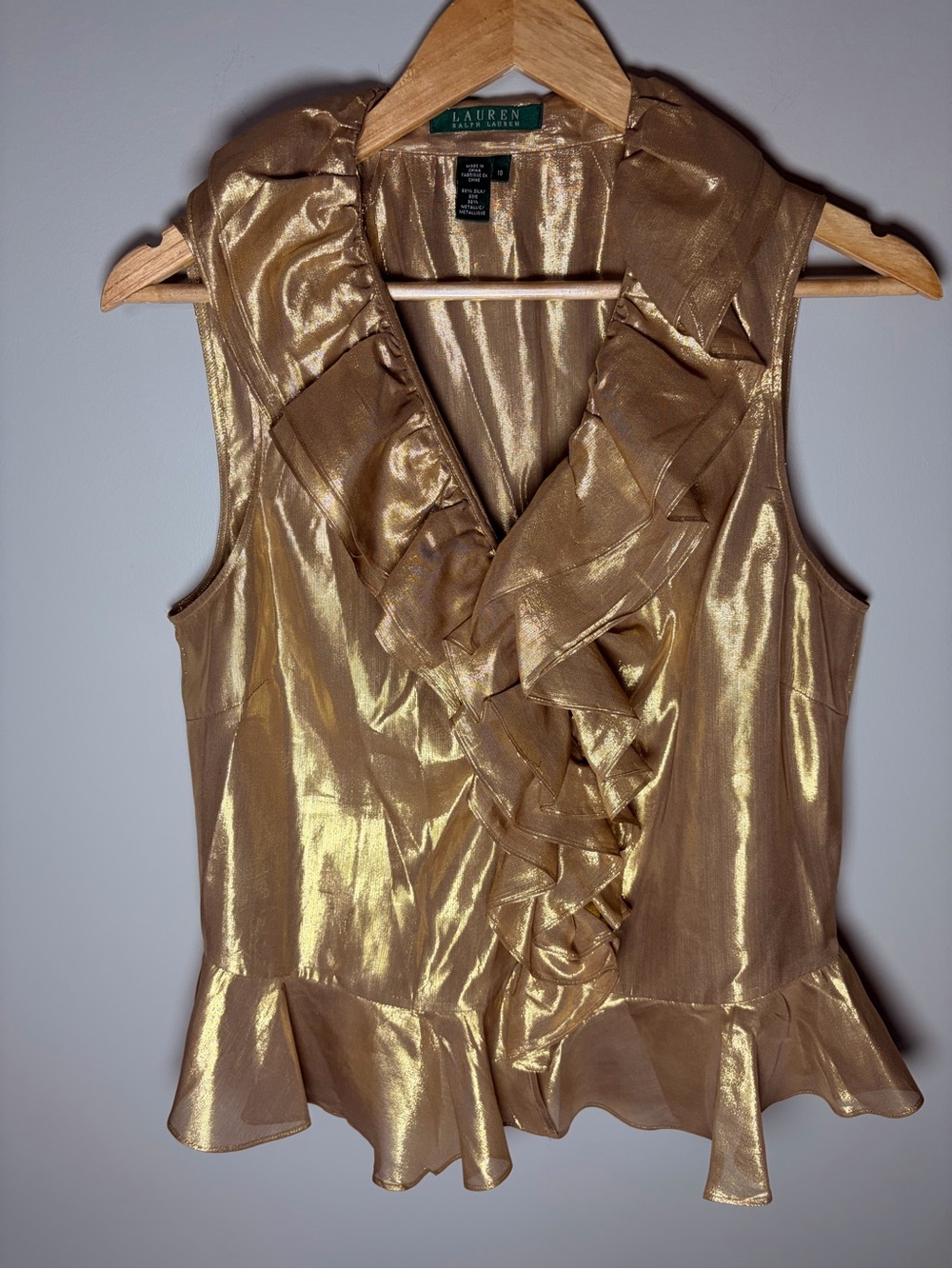 Lauren Ralph Lauren Gold Silk Metallic Ruffle Peplum Blouse Size 10